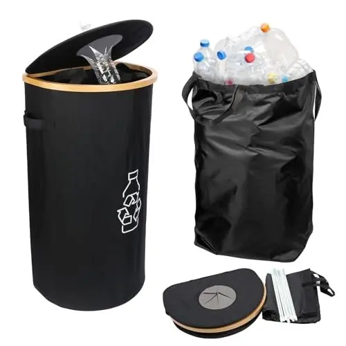 Produktbild: LAMEK Pfandflaschen Sammelbehälter 100L Leergut Flaschensammler Flaschen Aufbewahrung mit Deckel Integrierter Tragetaschen Groß Pfandbehälter Altglas Altpapier Recyclingbehälter für Küche Lagerraum