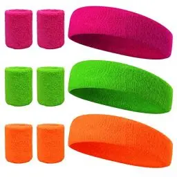 Produktbild: LAMEK Set 9 Stück Neon Stirnbänder & Armbänder, 3 Farben, Sport Fasching Karneval St. Patrick's, Yoga, Fußball, Fitness, Tennis, Laufen, Unisex, Größe ≈ 5-6 cm x ≈ 22 cm