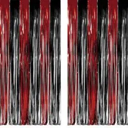 Produktbild: GREATRIL Lametta Vorhang Schwarz Rot - Metallic Luftschlangen Fransen Vorhänge Fotowand Hintergrund für Casino Las Vegas Ladybug Musical Rockabilly Piraten Zirkus Halloween Hexen Geburtstag Party