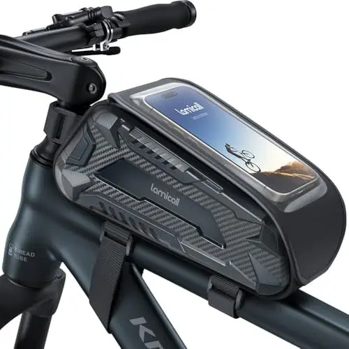 Produktbild: Lamicall Fahrradtasche Rahmen, Rahmentasche Fahrrad - (Einhändig Öffnen & Schließen) 1,8L Wasserdicht Handytasche Fahrrad, Handy Oberrohrtasche mit TPU Sensitivem Touchscreen für Smartphone 4,7-7 Zoll