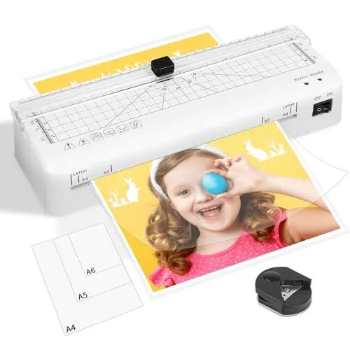 Produktbild: Laminiergerät, Laminiergerät A4 mit schnelles Aufwärmen, A4/A5/A6 Laminiergeräte 80-125 Mic mit integriertem Schneidegerät für Heimgebrauch Büro Schule Fotos
