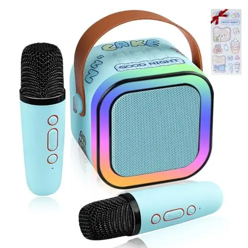 Produktbild: LAMJAD Karaoke Maschine Kinder mit 2 Drahtlosen Mikrofonen,Tragbares Bluetooth KTV Anlage mit LED-Licht und Sprachveränderungseffekten, Geschenke für Alter 3-12 Kinder (Blau)