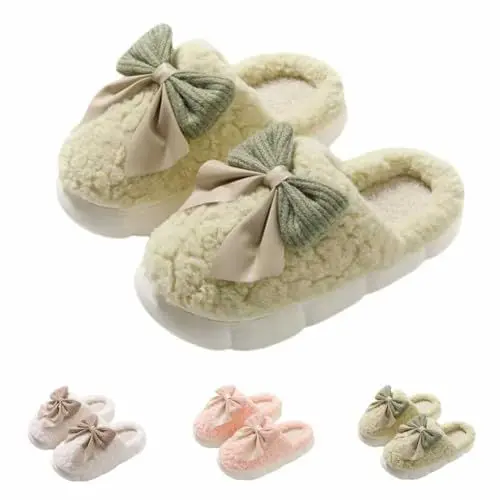 Produktbild: Lammfell Schuhe Damen Lammfell Hausschuhe Herren Damen-Hausschuhe mit Flauschiger Schleife, Winter, Elegante, gemütliche Plüsch-Hausschuhe mit Warme Hausschuhe Damen Hausschuhe Kinder (Green, 38-39)