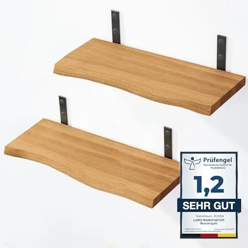Produktbild: LAMO Manufaktur 2 Stück Wandregal Holz 2X 42cm | Schweberegal Massiv 100% Echtholz | Hängeregal für Wohnzimmer, Schlafzimmer, Küche, Badezimmer | Wandregale Set 2 Baumkante |Regal Farbe: Rustikal
