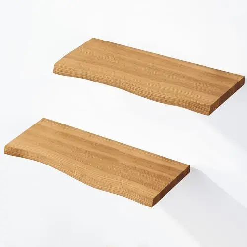 Produktbild: LAMO Manufaktur 2 Stück Wandregal aus Holz mit unsichtbarer Befestigung 2X 42cm | Wandregal aus 100% echtem Holz | Hängeregal für Wohnzimmer, Wandregale Set 2 Baumkante | Regal Farbe: Rustikal