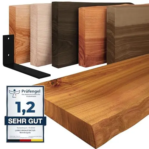 Produktbild: LAMO Manufaktur Wandregal Holz Baumkante | Regal Farbe: Rustikal | mit schwarzem Basic Regalträger | 40 cm