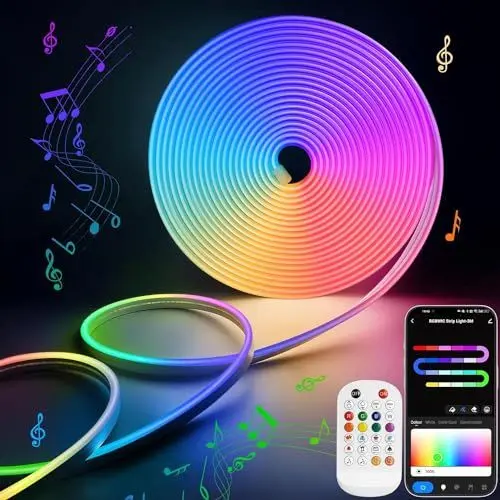 Produktbild: Lamomo LED-Streifen 5m, RGBIC Neonlicht, App- & Fernbedienung, Musikmodus, wasserdicht, flexibel, für Zuhause, Schlafzimmer, Wanddeko
