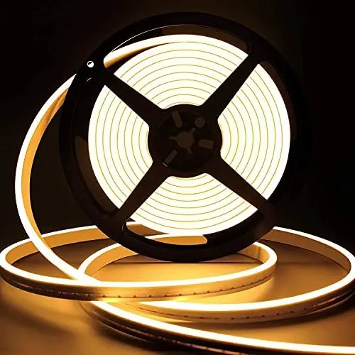 Produktbild: Lamomo LED Strip Warmweiss, 12V Dimmbar Neon LED Streifen, 5M Wasserdicht 3000K LED Lichtband, Silikon DIY Flexibel Lichtleiste mit Netzteil und Controller für Innen Aussenbereich Heim Küche Deko