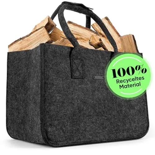 Produktbild: lamounia - Kaminholztasche Filztasche groß - 35L Volumen - 43x30x27cm + gratis Henkelverschluss und Innentasche - Perfekt als Kaminholzkorb - Aufbewahrungskorb und große Einkaufstasche in dunkelgrau