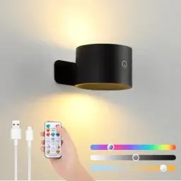 Produktbild: Lampop Led Wandleuchte Kabellos RGB Akku Wandlampe 19 Farben Dimmbar Schwarz Wandlampe Ohne Stromanschluss mit Fernbedienung 3 Farbtemperaturen Touch Control 360° Drehbar für Wohnzimmer Schlafzimmer