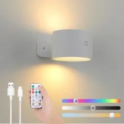 Produktbild: Lampop Wandleuchte Innen Akku LED Wandleuchte Kabellos Dimmbar Wandlampe Ohne Stromanschluss mit Fernbedienung 360° Drehbar Wandlampe Touch Steuerung Einstellbare Helligkeit und Farbe RGB Weiß