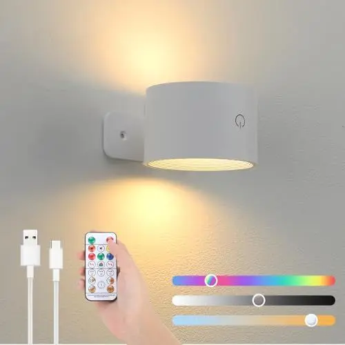 Produktbild: Lampop Wandleuchte Innen Akku LED Wandleuchte Kabellos Dimmbar Wandlampe Ohne Stromanschluss mit Fernbedienung 360° Drehbar Wandlampe Touch Steuerung Einstellbare Helligkeit und Farbe RGB Weiß