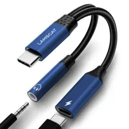 Produktbild: LAMSCAT USB C auf Klinke Adapter und Laden, 2in1 Typ C auf 3.5mm Adapter Kopfhörer Android Handy PD60W Schnellladung für Samsung S22/S21/, Pixel 7/7pro/6, pad Mini 6 und mehr (blau)