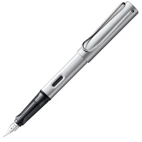 Produktbild: Lamy AL-star whitesilver Füller – Füllhalter mit ergonomischem Griff & polierter Stahlfeder in Strichbreite F – leichtes Aluminiumgehäuse – inkl. Tintenpatrone T 10 blau – Rechtshänder
