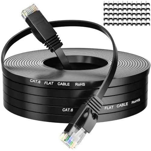 Produktbild: Cat 6 Wlan Kabel 50M, LAN Kabel 50 Meter Flach Netzwerkkabel, High Speed Schwarz Ethernet Kabel, RJ45 Kabel Dünn Lang Internetkabel, 1Gbps Patchkabel Gigabit Lankabelverlaengerung für Router Modem