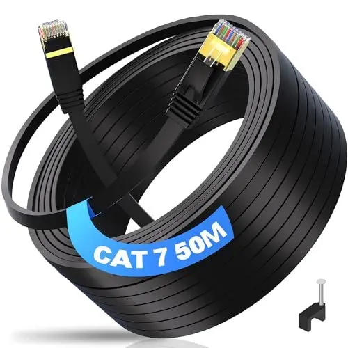 Produktbild: ikbc LAN Kabel 50 Meter Outdoor Indoor, Cat 7 Netzwerkkabel 50m Hochgeschwindigkeits FTP Ethernet Kabel 10Gbps 600MHz Internet Kabel Gigabit Flach RJ45 Kabel Schwarz für Router (50 Clips)