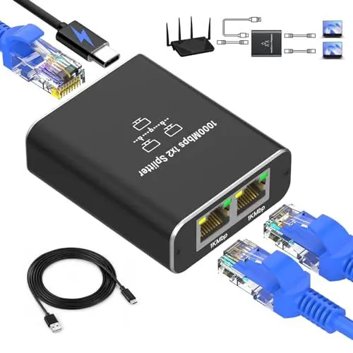 Produktbild: LAN Splitter 1 auf 2, Gigabit Ethernet Splitter, 1000Mbps RJ45 LAN Netzwerk-Splitter mit USB-C Stromkabel für Computer, Hub, Switch, Router, ADSL, Digital TV, etc. gleichzeitig Arbeiten (1 to 2)