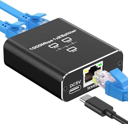 Produktbild: Lan Splitter 1 auf 2, (2024 Upgraded)1000 Mbps Aluminium Ethernet RJ45 Splitter mit Typ-C Stromkabel, Hohe Geschwindigkeit & Stabile Übertragung, Netzwerk Gigabit Splitter für Computer,TV-Box, Router