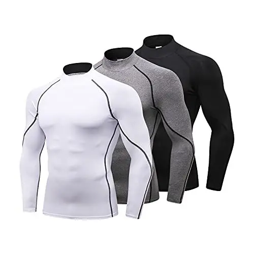 Produktbild: LANBAOSI 3er Kompressionsshirt Herren Mock Neck Ausschnitt, Funktionsshirt Langarm für Männer Fitnessshirt Atmungsaktiv Laufshirt Atmungsaktiv Sportshirt Laufshirt für Laufen Sport Turnhalle