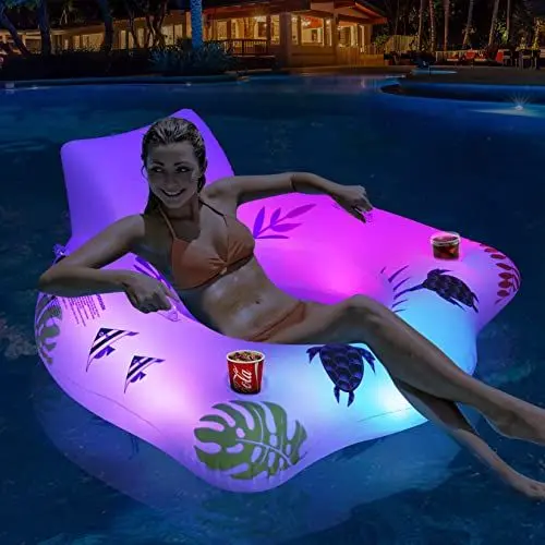 Produktbild: LanBlu Aufblasbarer Pool Luftmatratze Schwimmsessel mit Farbe Wechselnden Licht, Solarbetriebene Luftmatratze Wasser Pool Erwachsene Sofa mit 2 Becherhalter, Luftmatratze Pool für Erwachsene Kinder