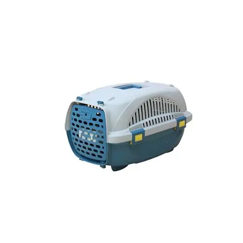 Produktbild: Lanco – Transportbox für kleine Hunde und Katzen. Tragbarer und atmungsaktiver Kunststoff. Haustiere Hunde Katzen. Widerstandsfähiges Material. 47x31x32cm. Weiße und Blaue Farbe.