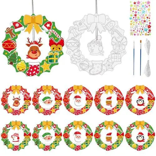 Produktbild: Landifor 12 Stück Weihnachten Kränze Basteln Kinder Weihnachtskranz zum Bemalen Papier Türkranz Bastelset mit Anhänger Malpinsel Weihnachtsdeko Kreativset Weihnachten Geschenke für Mädchen Jungen