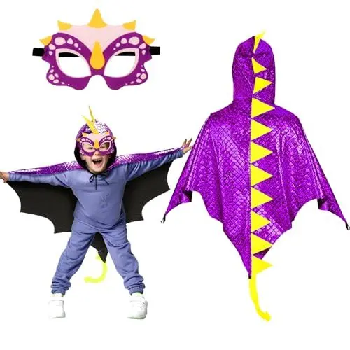 Produktbild: Landifor 2 Stück Dinosaurier Kostüm Kinder Dinokostüm Drachenflügel Umhang mit Maske Dino Kinderkostüm Dinosaurierkostüm für Mädchen Jungen Halloween Fasching Karneval Cosplay Maskerade