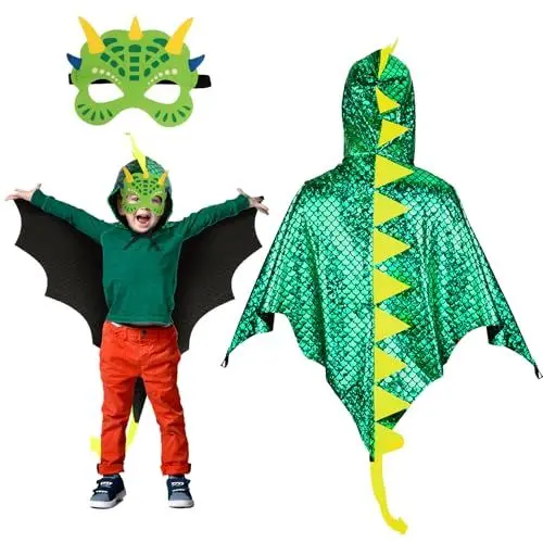 Produktbild: Landifor 2 Stück Dinosaurier Kostüm Kinder grün Dinokostüm Dinosaurierkostüm Drachenflügel Umhang mit Maske Pterosaurier Verkleidung für Mädchen Jungen Halloween Fasching Karneval Walpurgisnacht
