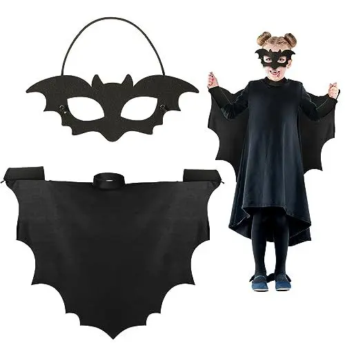 Produktbild: Landifor 2 Stück Fledermaus Kostüm Kinder Fledermaus Kinderkostüm Schwarz Fledermauskostüm Vampir Fledermausflügel Umhang mit Bat Maske für Junge Mädchen Halloween Cosplay Fasching Karneval