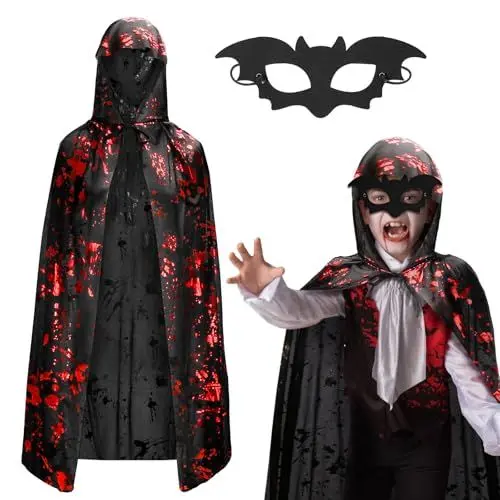 Produktbild: Landifor 2 Stück Halloween Kostüm Kinder Vampir Umhang Fledermausmaske Schwarz Kapuzenumhang mit blutigen Handabdrücken Vampir Kinderkostüm für Mädchen Jungen Halloween Fasching Karneval Cosplay