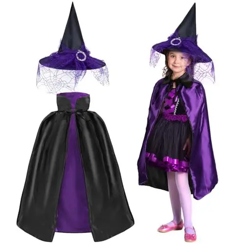 Produktbild: Landifor 2 Stück Hexenkostüm Kinder Halloween Zauberer Kostüm Lila Zauberer Umhang mit Hut Hexen Kinderkostüm Hexenhut für Halloweenparty Karneval Fasching Maskerade Hexennacht Cosplay Mädchen Junge