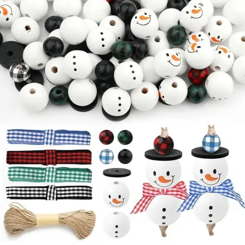 Produktbild: Landifor 32 Stück Schneemann Holzperlen Bastelset Kinder Holz Weihnachten Basteln Schneemann Perlen zum Basteln 20mm Holzperlen mit Gesicht Weihnachtsgeschenke für DIY Handwerk Weihnachtsdeko