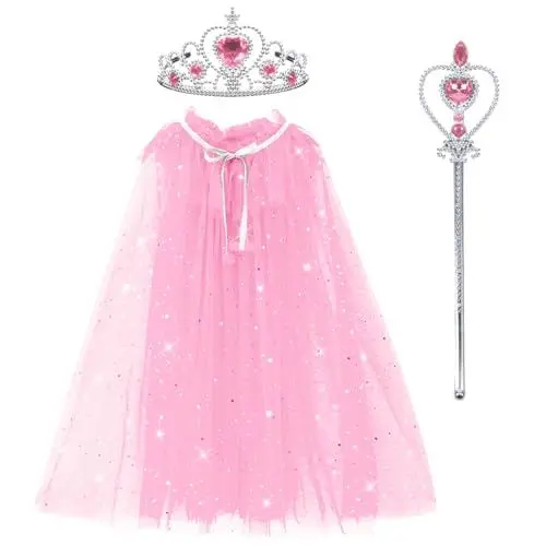 Produktbild: Landifor 3-teiliges Prinzessin Umhang Mädchen Pink Pailletten-Stern Cape Tüll Umhang mit Krone Zauberstab für Karneval Fasching Halloween Cosplay Mottoparty Walpurgisnacht (Rosa)