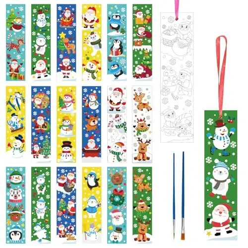 Produktbild: Landifor 80 Stück Weihnachten Lesezeichen zum Ausmalen Kinder Weihnachten Basteln Set DIY Weihnachtslesezeichen Papierbastlset Kreative Weihnachten Geschenke für Mädchen Junge Studenten