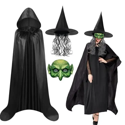Produktbild: Landifor Halloween Hexenkostüm Damen Hexen Kostüm mit Hexenumhang Hexenhut Perücke Maske Halloween Hexen Erwachsene Cosplay Verkleidung Zubehör für Halloween Karneval Maskerade Hexen Themenparty