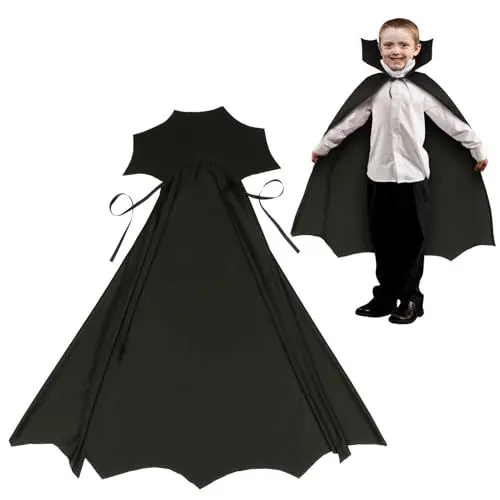 Produktbild: Landifor Vampir Kostüm Kinder Vampir Umhang Dracula Cape Schwarzer Umhang mit Kragen Zauberumhang Devil Faschingskostüm für Junge Mädchen Fasching Karneval Maskerad Halloween Cosplay Walpurgisnacht