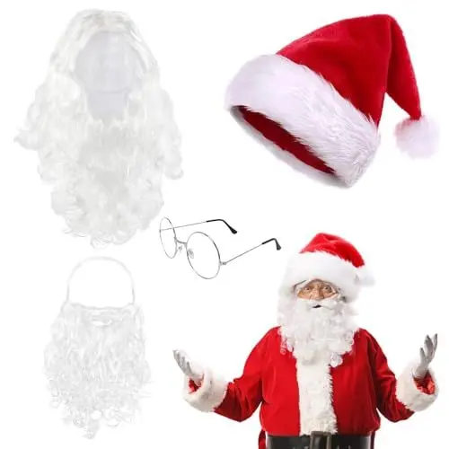 Produktbild: Landifor Weihnachtsmann Kostüm Erwachsene Weihnachtsmannkostüm mit Bart Perücke Mütze Brille Nikolauskostüm Santa Claus Cosplay Kleidung Zubehör für Weihnachten Heiligabend Weihnachtsparty