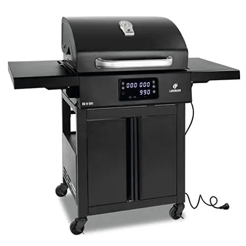 Produktbild: LANDMANN Elektro-Grillwagen EG-II-591 | Leistungsstarker Standgrill mit 2 Fleischthermometern & Deckelthermometer | Ohne Gas & ohne Kohle grillen | Grillfläche ca. 59 x 40,5 cm | 3200W (Schwarz)