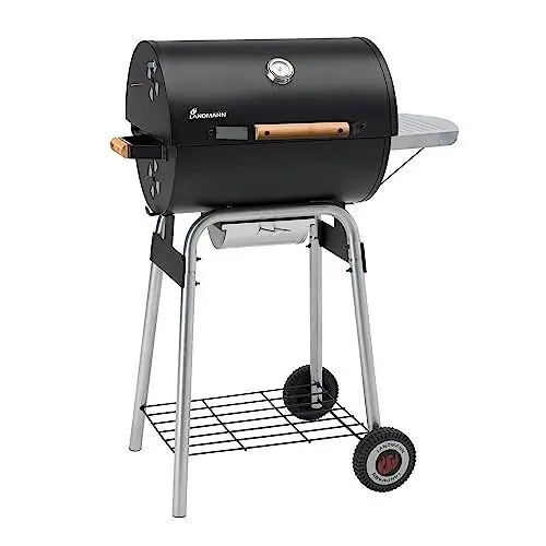 Produktbild: LANDMANN Holzkohlegrillwagen Black Taurus 440 | Mit Temperaturanzeige im Deckel | Emaillierter Grillrost 2-teilig & Großflächiger Warmhalterost | Höhenverstellbarer Kohlerost & Seitentisch (Schwarz)