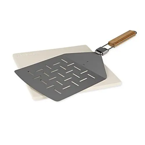 Produktbild: LANDMANN Selection Pizza-Set | Pizzastein ideal für Pizza & Brot etc. | Klappbarer Pizzaheber aus Edelstahl mit Bambusgriff | Für Holzkohle-, Gasgrill und Backofen geeignet (Pizzastein aus Cordierit)