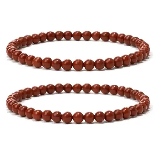 Produktbild: Landorilo 2 Stück Naturstein Runde Perlen Stretch Armband (4mm) für Damen Herren, Yoga Heilstein Armbänder, Freundschaftsarmband, Paar-Armband, Ersatzperlen Inklusive(2R Jaspis Rot)