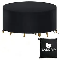 Produktbild: Landrip Gartentisch Abdeckung Rund, Abdeckplane für Gartenmöbel Rund 120, Wasserdicht Staubdicht Anti-UV Tischabdeckung Gartenmöbel für Möbelsets –128x71CM