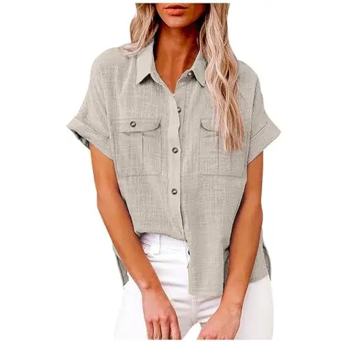 Produktbild: Lang Damen Schluppenbluse Chiffon Bluse Hemdbluse Kurzarm Weißes Hemd Carmenbluse Fashion Jeansweste Ärmellos Beige 2XL