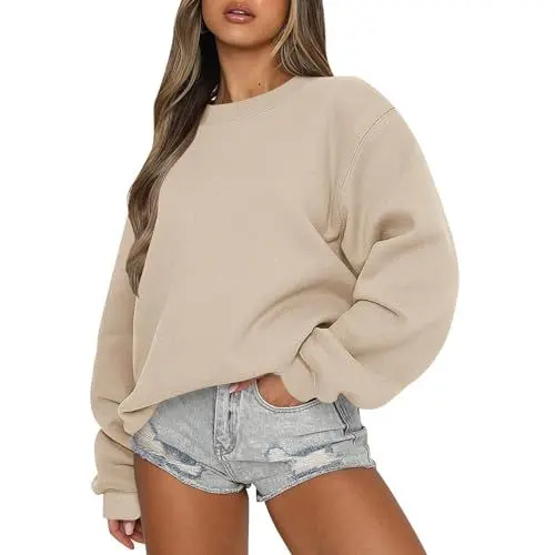 Produktbild: Langarmshirt Damen Baumwolle Oversize Pullover Damen Fleecepullover Hoodie Bequemer Oberteile Hoodie Locker Bequemer Rundhals Tops Oberteile Mit Tasche 2539 Beige M