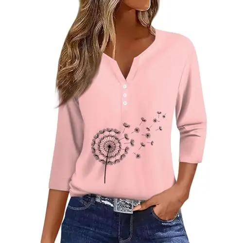 Produktbild: Langarmshirt Damen Damen Tshirt Langarm Henley Shirt Damen Langarm T-Shirts für Damen T-Shirt Schwarz Damen Shirt Pink Damen Basic Shirt Damen Damen Bluse Langarm Fahrradtrikot Rosa L