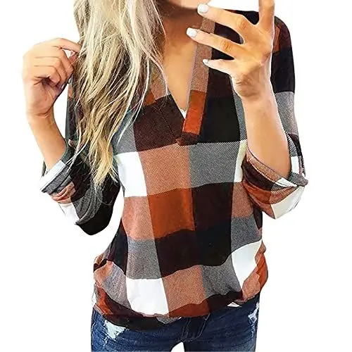 Produktbild: Langarmshirt Damen Kariert Bedruckt V-Ausschnitt Tops Baumwollmischung Freizeit T-Shirts Tops Bluse für die ganze Saison A49