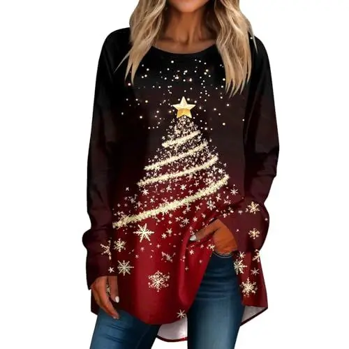 Produktbild: Langarmshirt Damen Neueste Herbstmode 2024 Tunika Weihnachtspullover Halloween Shirt Longsleeve Sport Herbst Outfit Rot XL