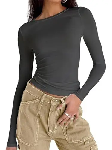 Produktbild: Langarmshirt Damen Rundhals Slim Fit Top T-Shirt Y2K Oberteile Einfarbig Basic Crop Tops Influencer T-Shirt Top Casual Teenager Streetwear(M,Grau)