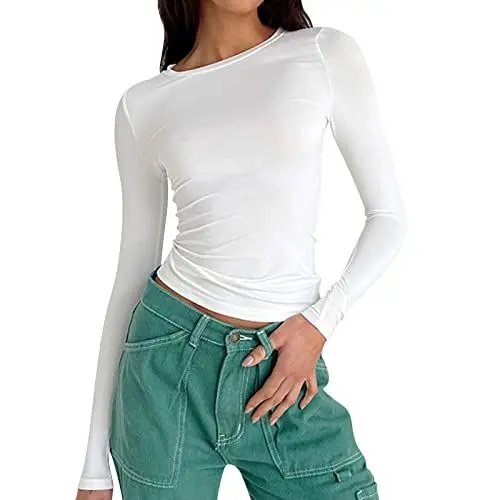 Produktbild: Langarmshirt Damen Sport Basic Slim Fit Y2K Enges Crop Top Langarm Oberteil Longsleeve Damen Sport Rundhals Cropped Tee Einfarbig Dehnbar Aesthetic Shirts Top Teenager Streetwear(A2-Weiß,S)