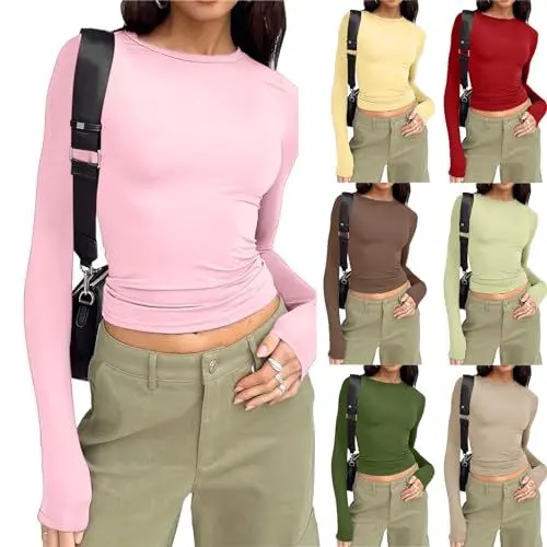 Produktbild: Langarmshirt Damen Sport Basic Slim Fit Y2K Enges Crop Top Langarm Oberteil Longsleeve Damen Sport Rundhals Cropped Tee Einfarbig Dehnbar Aesthetic Shirts Top Teenager Streetwear(A3-Rosa,XL)